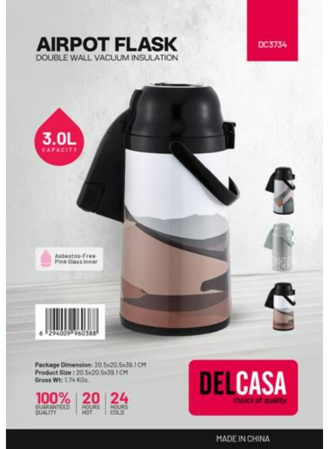 DELCASA 3L Airpot Flask Double Wall Vacuum Insulated | Push Plate Pump Dispenser with Lid Lock Button, Carry Handle & Rotating Base | Keeps Hot 20 Hours & Cold 24 Hours - Image 2